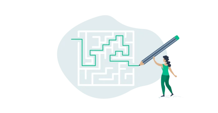 Lady drawing a path through a maze illustration